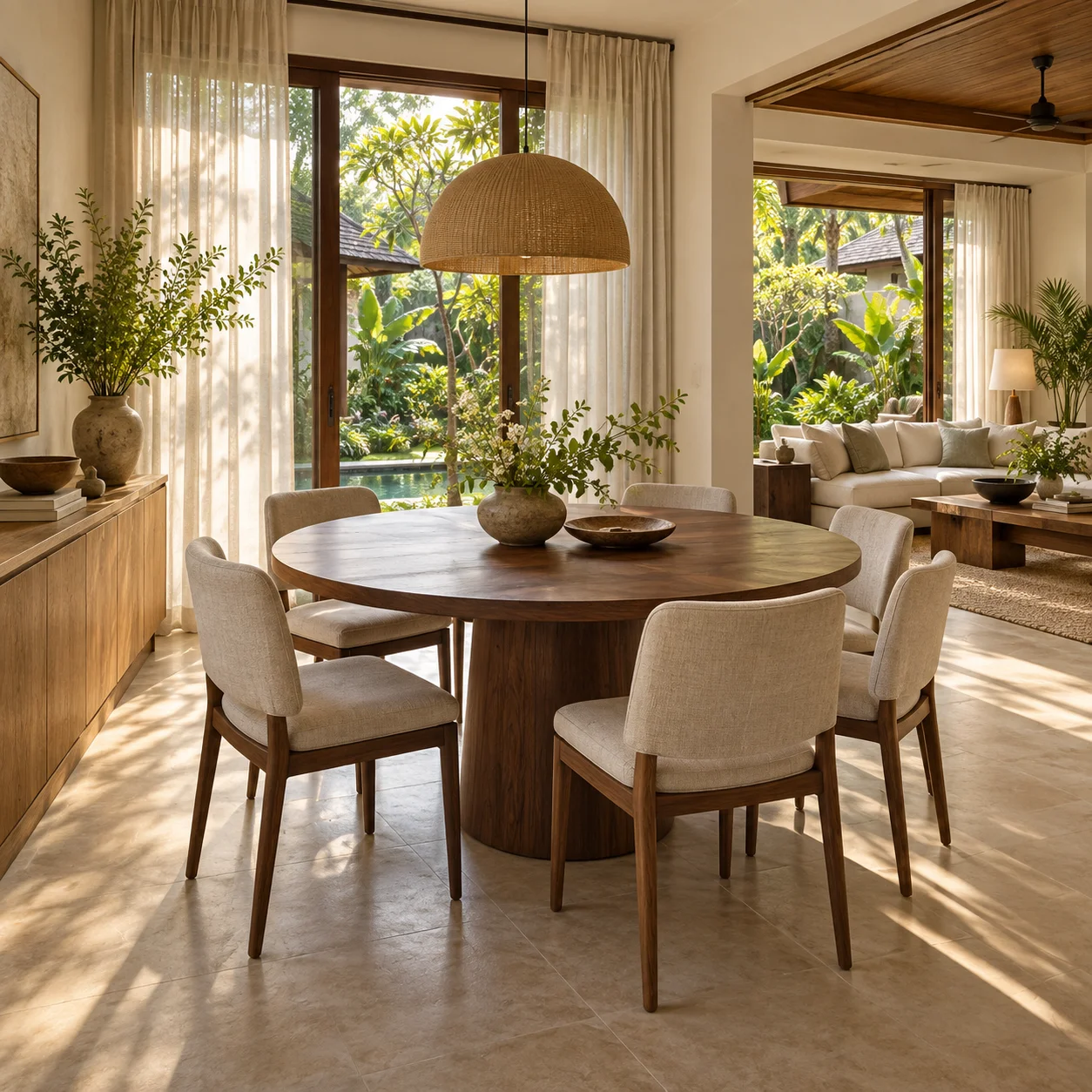 Original connected dining and living room concept with natural timber furniture
